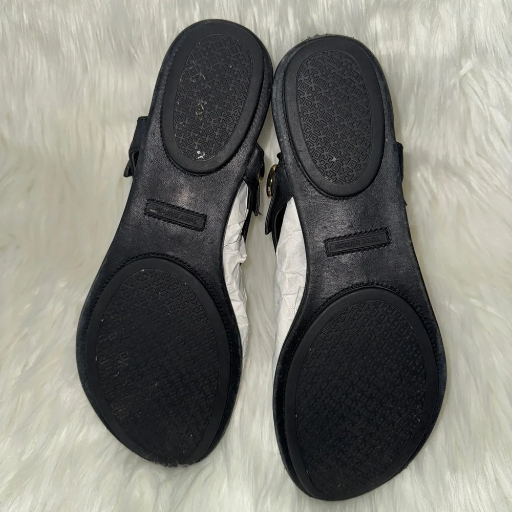 Tory Burch Veg Leather Black Minnie Travel Sandals Flats Womens Shoes 8M